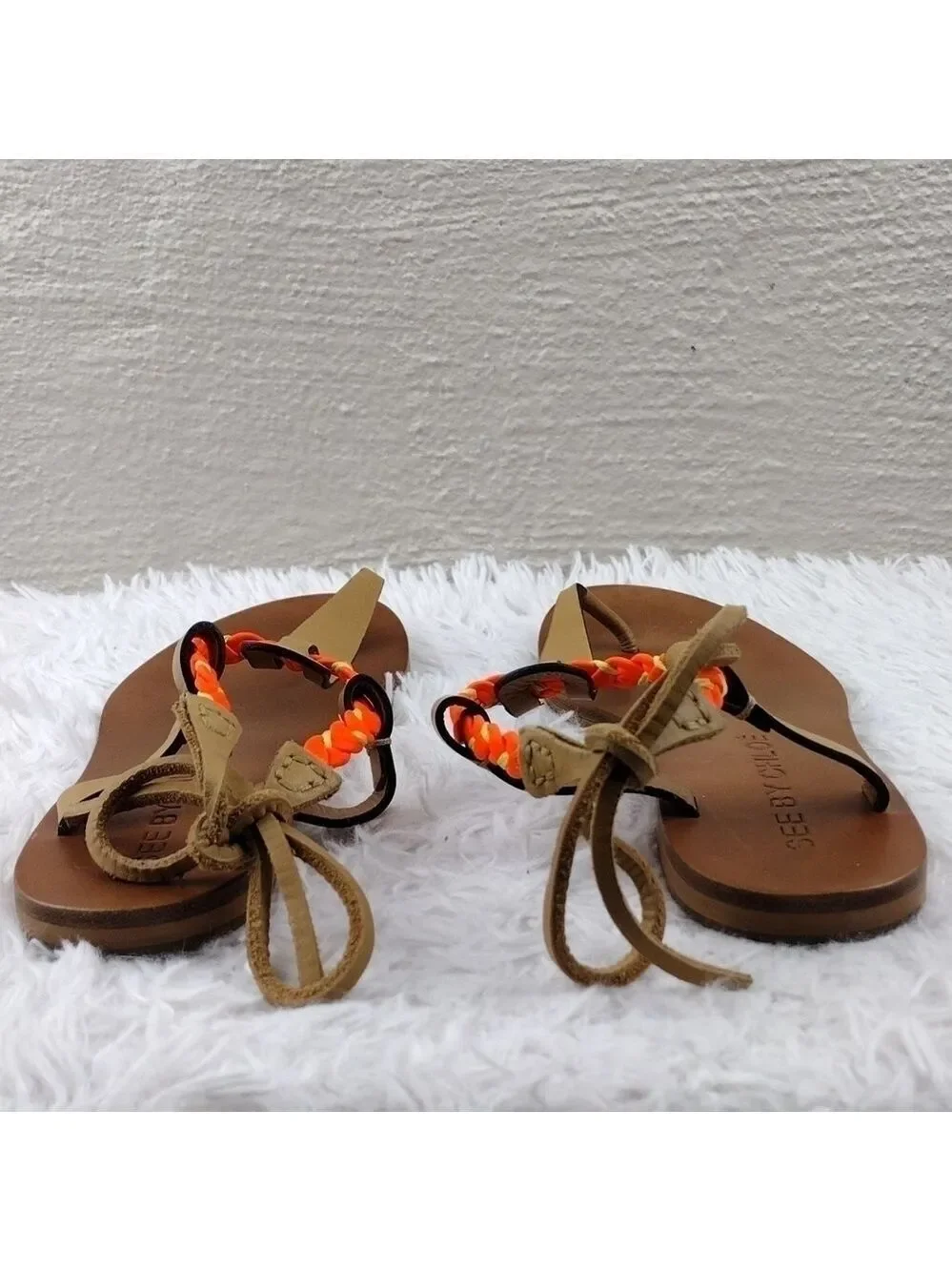 See By Chloe Tan Leather Almond Toe Thong Braided T-Strap Ankle Lace Sandal Shoe